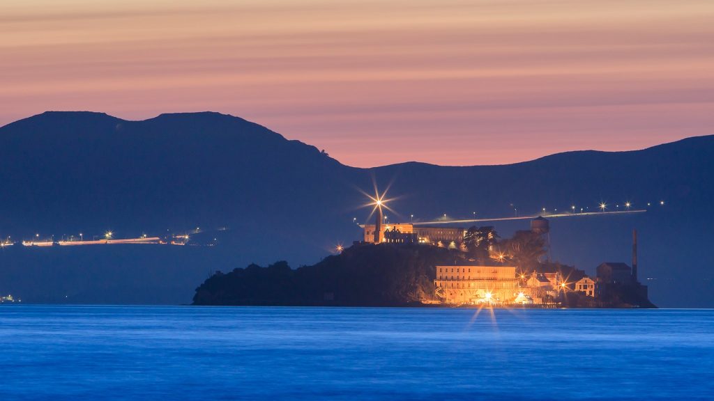 The devil island Alcatraz in San Francisco Bay at sunset, California, USA