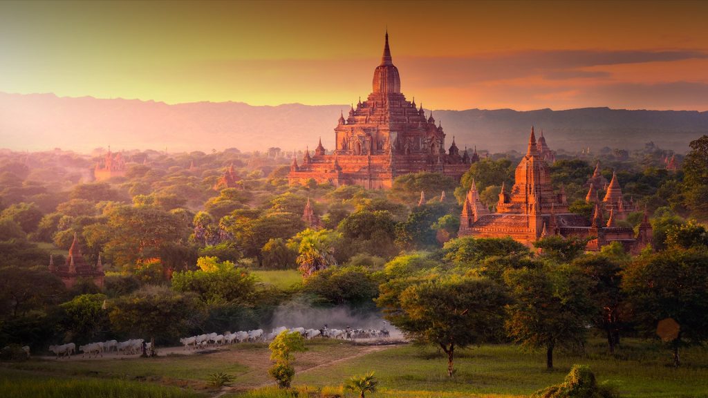 Pagoda landscape in the plain of Bagan, Myanmar, Burma