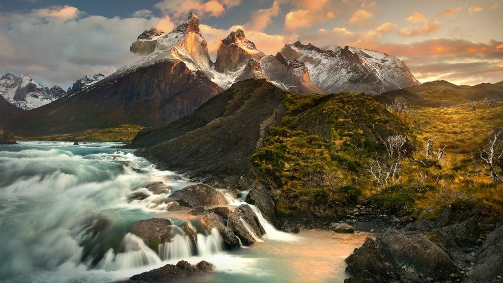 Sunrise at Salto Grande waterfall in Torres del Paine National Park, Patagonia, Chile