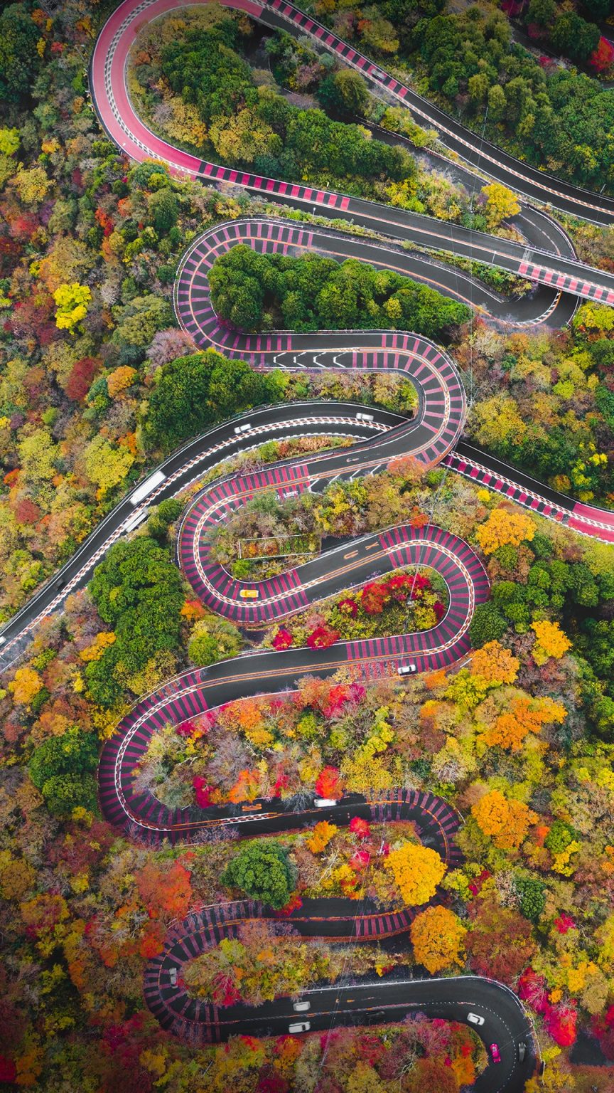 Winding mountain road in Fuji-Hakone Izu National Park in autumn