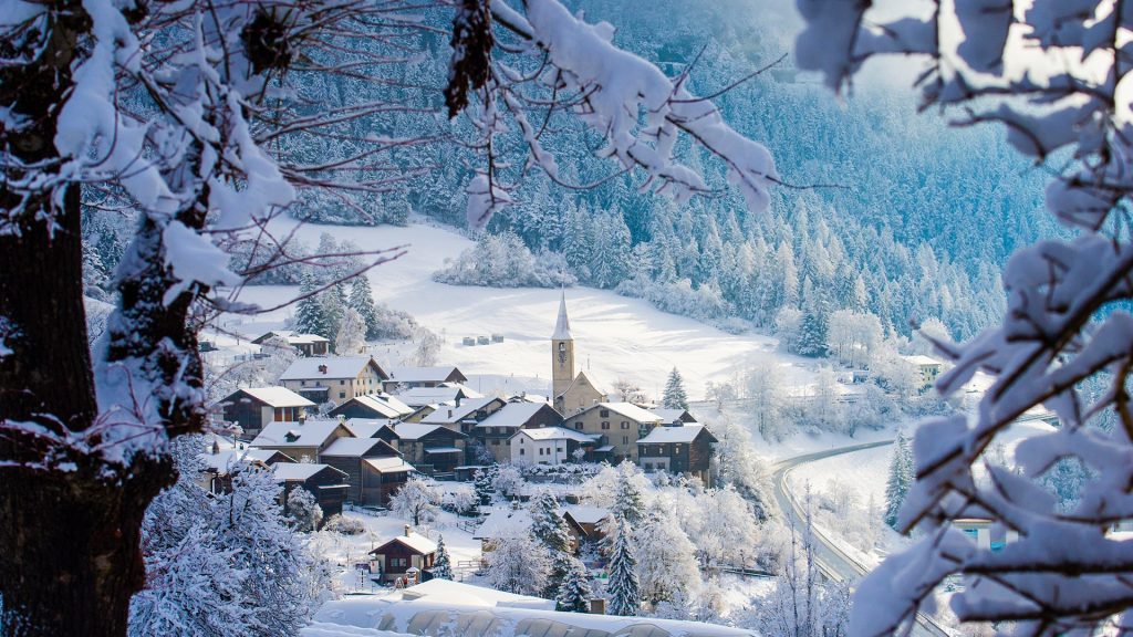 The small town of Filisur with snow in winter, Switzerland