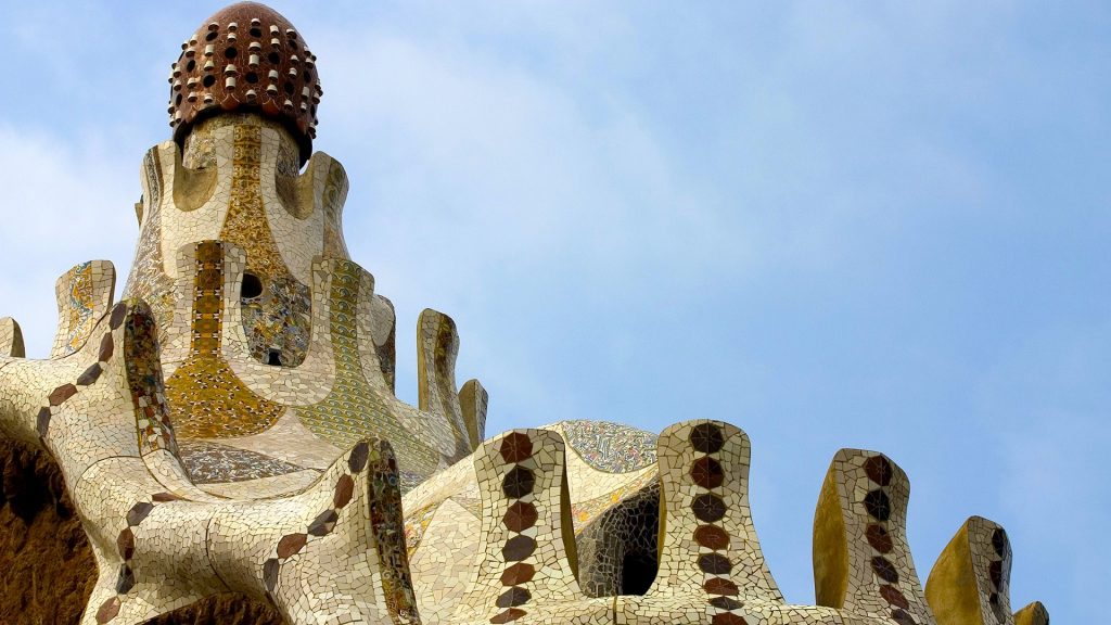 Gaudi's tower of a lodge at the entrance to the Parc Güell, Barcelona, Catalonia, Spain