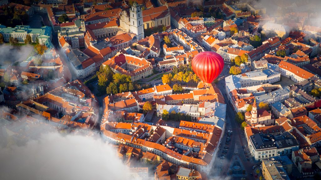 Hot air balloon flying over Vilnius, Lithuania