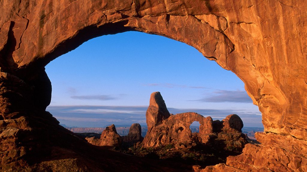 View through North Window to Turret Arch, Arches National Park, Utah, USA