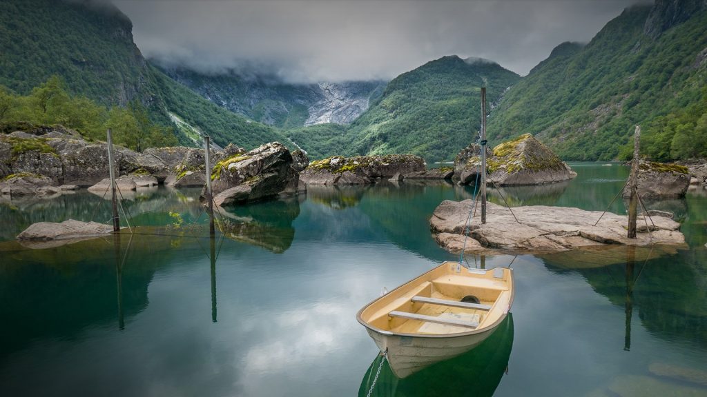 Boat on Bondhusvatnet lake in Folgefonna National Park, Vestland, Norway