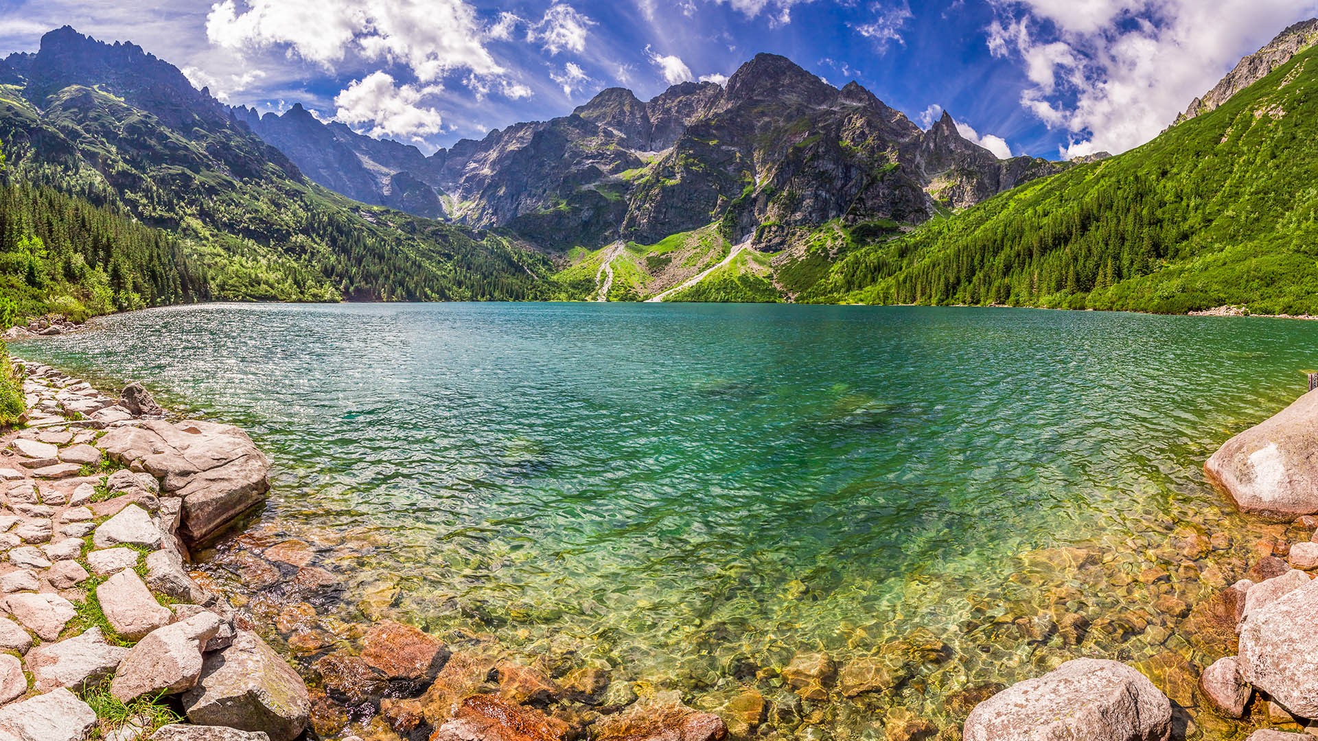 Panorama of Morskie Oko lake in the middle of the Tatra mountains ...