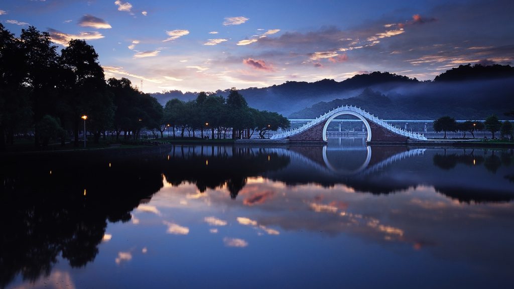Moon Bridge In Dahu Park at dawn, Neihu, Taipei, Taiwan
