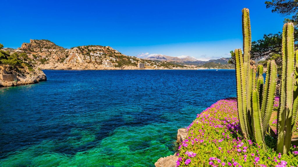View of bay and coastline at Port de Andratx on Mallorca, Balearic Islands, Spain