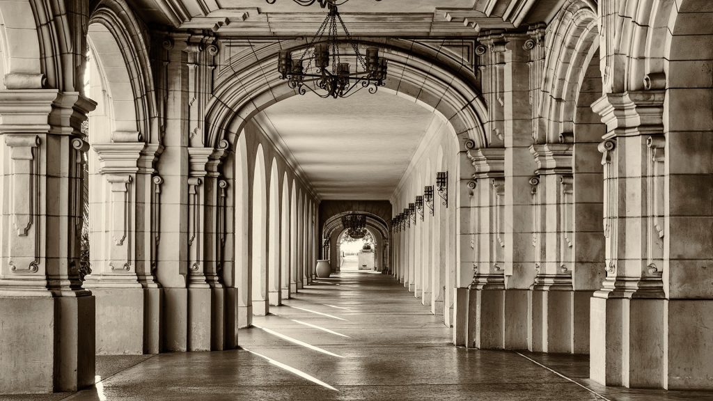 Historic architecture and walkway at Balboa Park, San Diego, California, USA