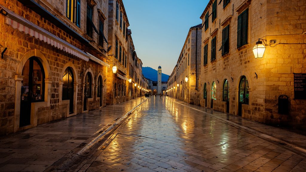 Marble Stradun street in the old town of Dubrovnik at sunrise, Croatia