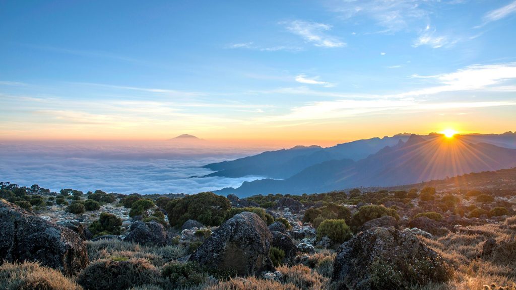 Sunrise at Mount Kilimanjaro Shira camp with Mount Meru in a distance, Tanzania