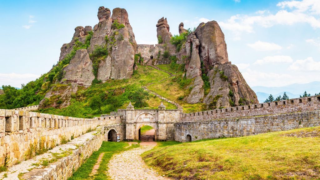 Belogradchik cliff rocks and wall at ancient Kaleto fortress, Bulgaria