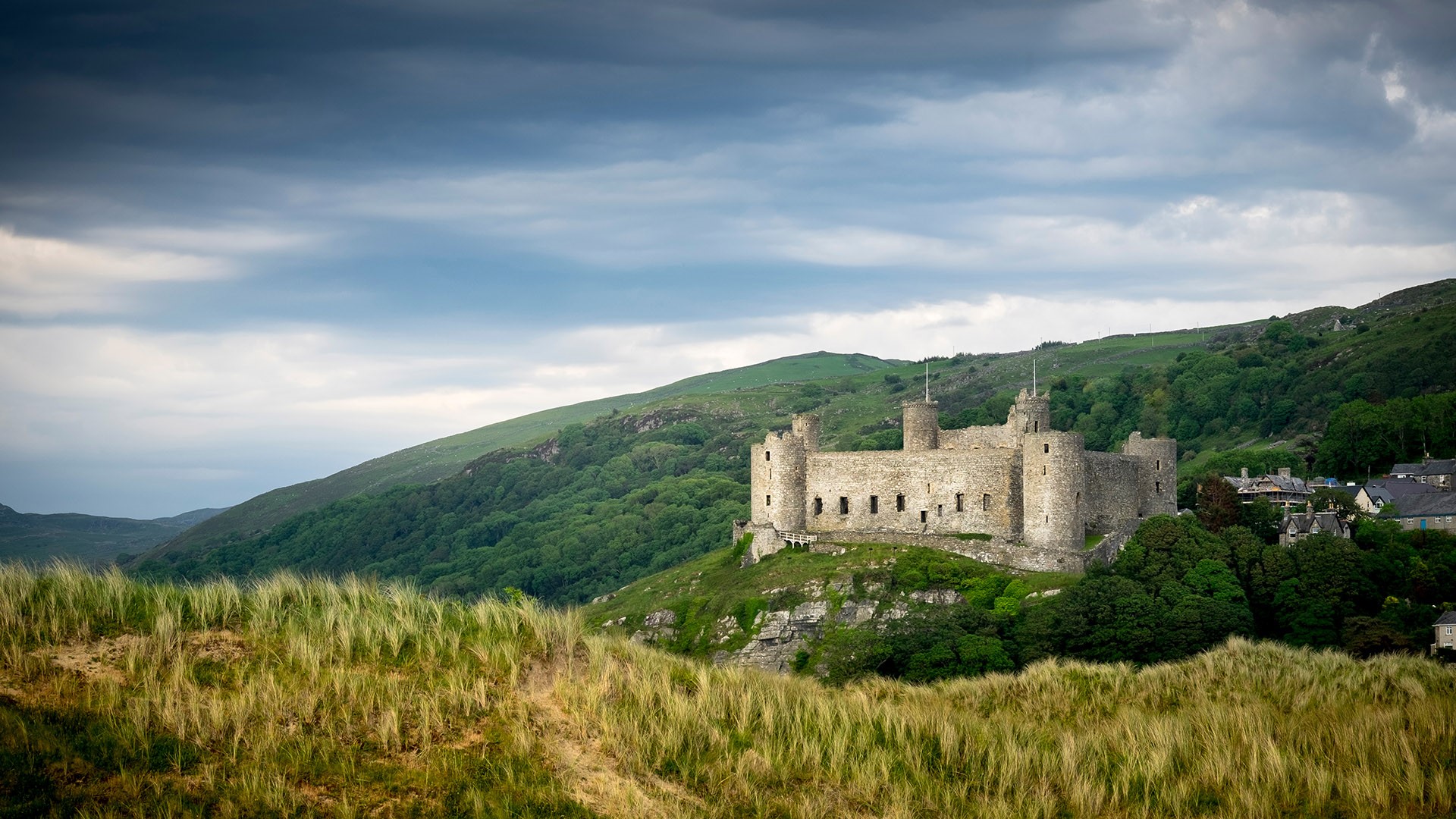 A view of Harlech castle from the sand dunes, Gwynedd, Wales, UK ...