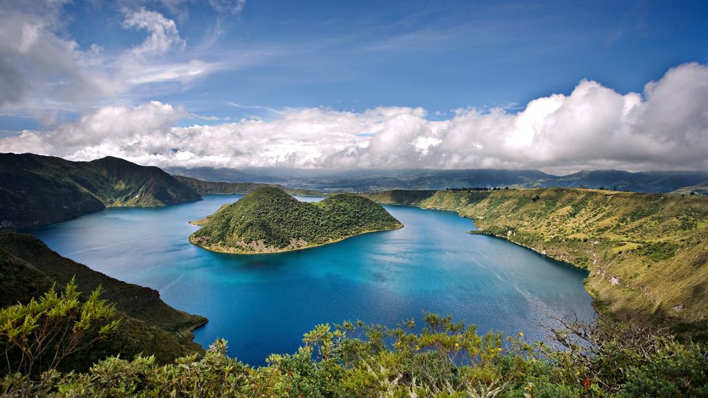 Cuicocha caldera and crater lake at the foot of Cotacachi Volcano, Andes, Ecuador