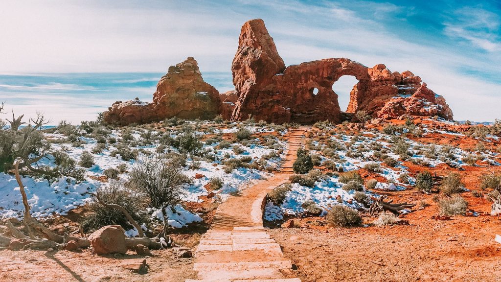 Turret arch in Arches national park in spring with snow, Moab, Utah, USA
