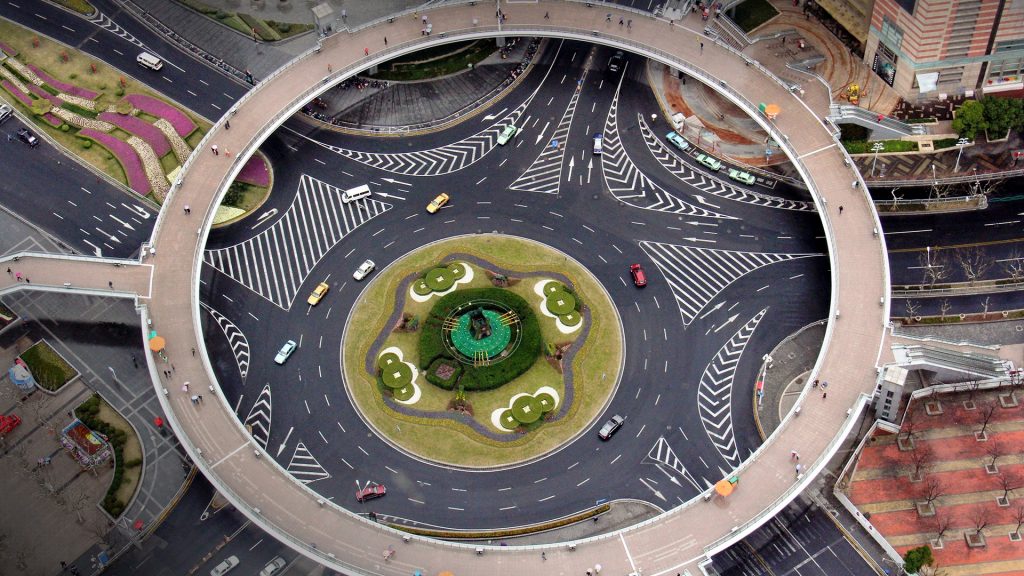 Aerial view of Mingzhu roundabout and sky pathway, Pudong, Shanghai, China