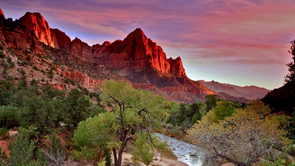 Sunset in Zion National Park, Virgin river with Watchman, Utah, USA