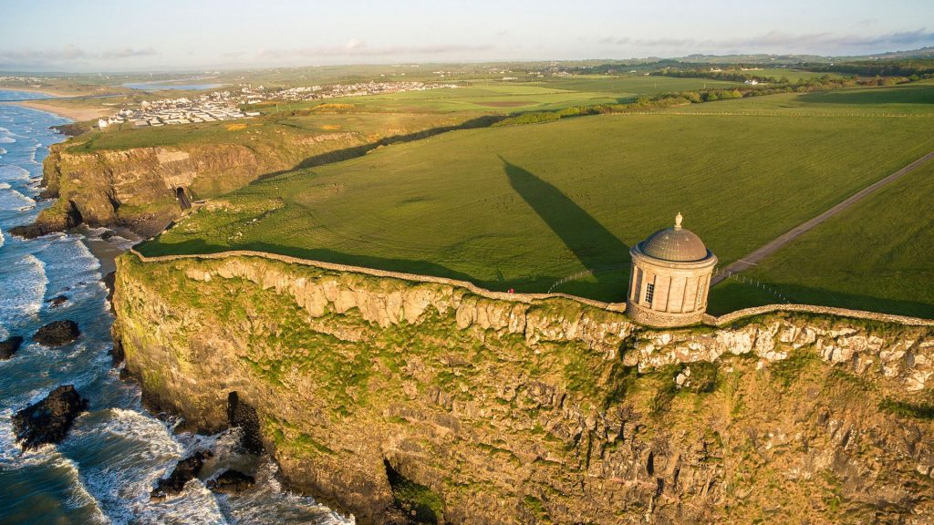 Mussenden temple near Castlerock aerial view, Londonderry, Northern Ireland, UK