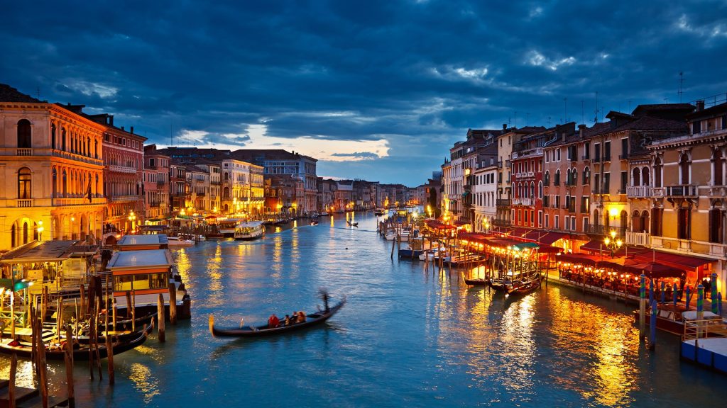 View on Grand Canal from Rialto bridge at dusk, Venice, Italy
