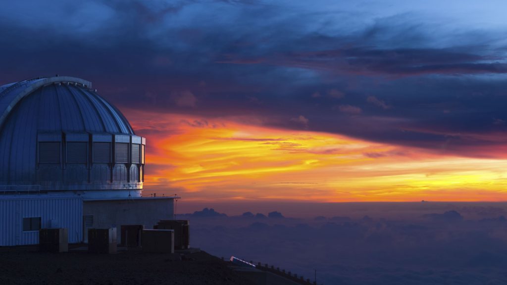 United Kingdom infrared telescope on Mauna Kea dormant volcano at sunset, Hawaii, USA