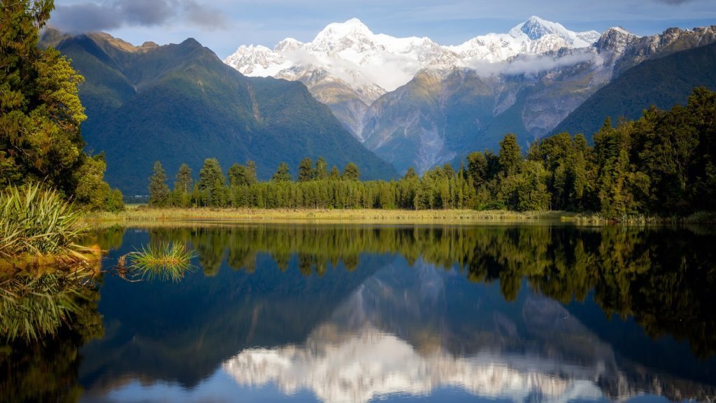 Mount Tasman and Aoraki (Mount Cook) reflected in Lake Matheson, South Island, New Zealand