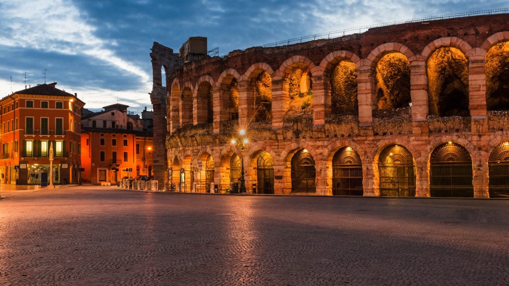 Verona Arena Roman amphitheatre at dusk time, Piazza Bra in Verona, Italy