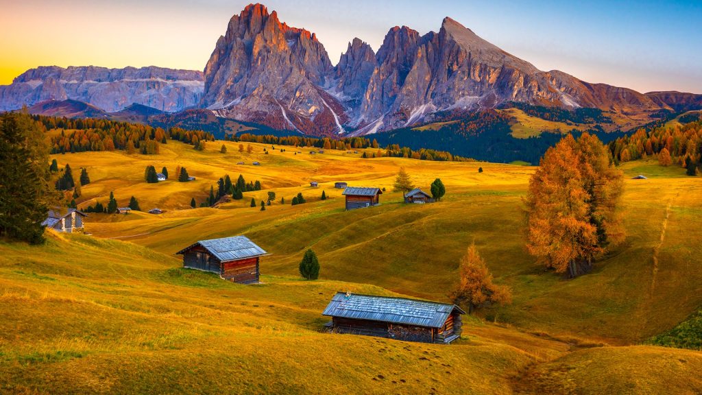 Pasture with typical alpine hut, Dolomites, Alps, Trentino-Alto Adige/Südtirol, Italy