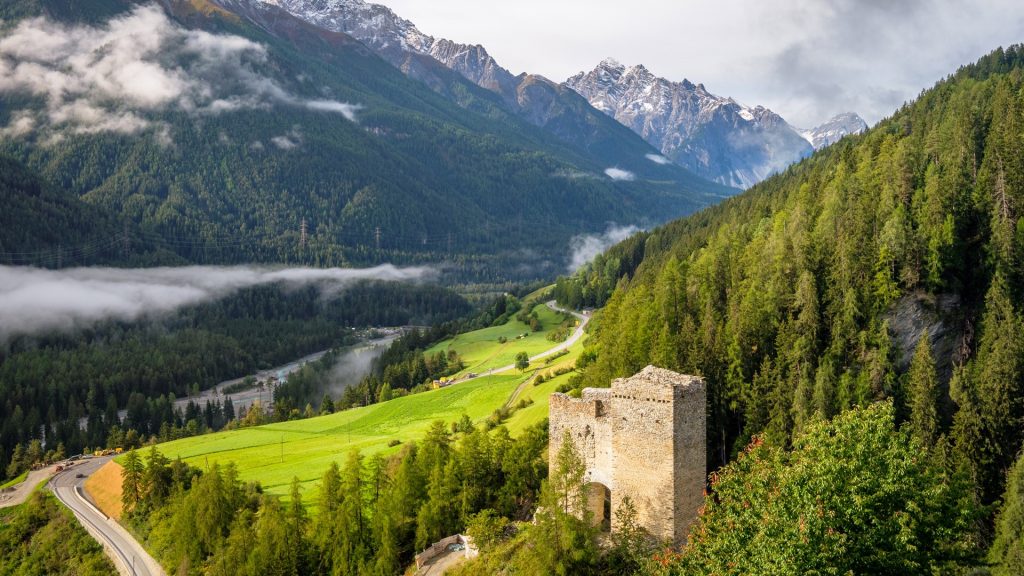 Silvretta Alps near Ramosch village with Tschanüff Castle, Val Sinestra, Graubünden, Switzerland