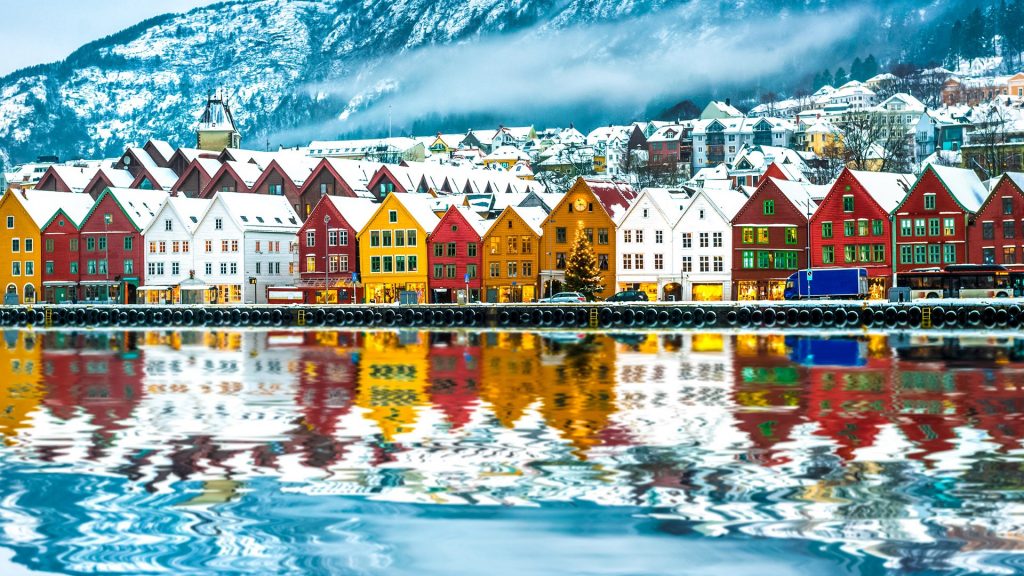 Winter view on Bryggen in Vågen harbour, Bergen, Norway