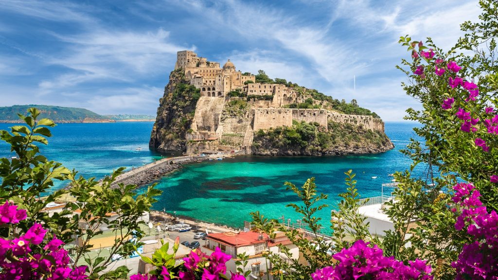 Landscape with medieval Aragonese Castle, Ischia island, Gulf of Naples, Italy