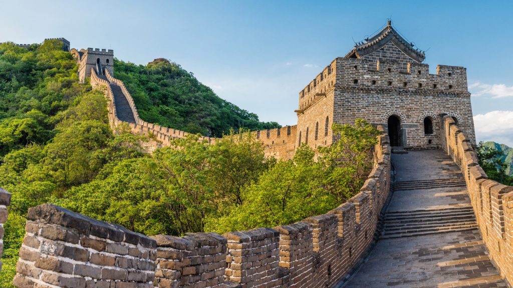 Looking uphill at the Great Wall of China, Mutianyu in Huairou District near Beijing, China