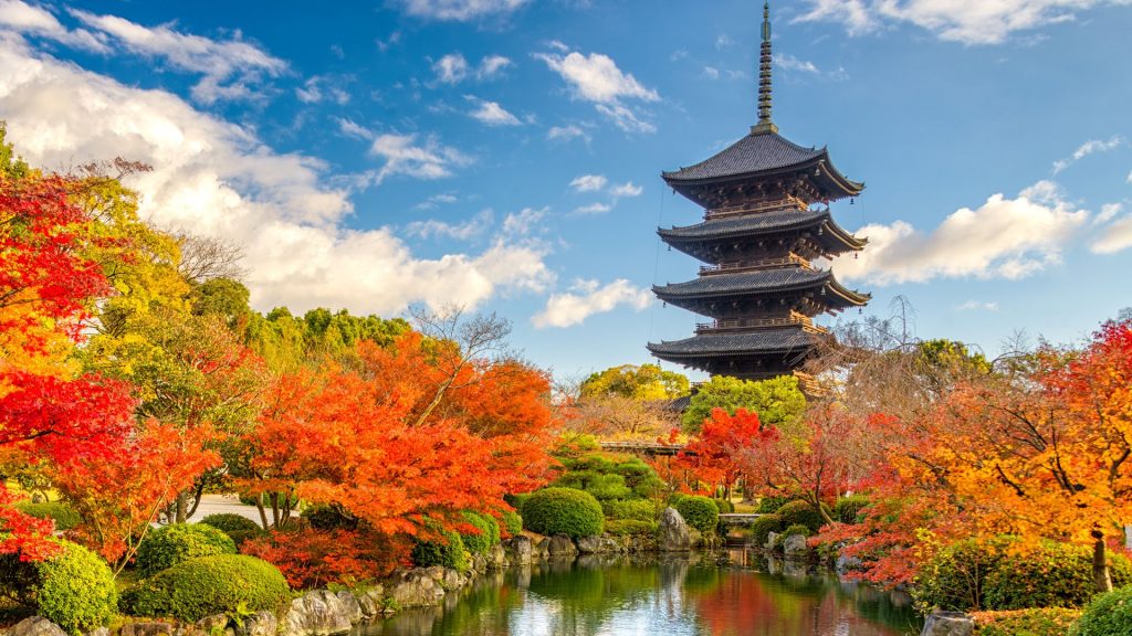 Five-story Pagoda of Tō-ji Shingon Buddhist temple in autumn, Kyoto, Japan