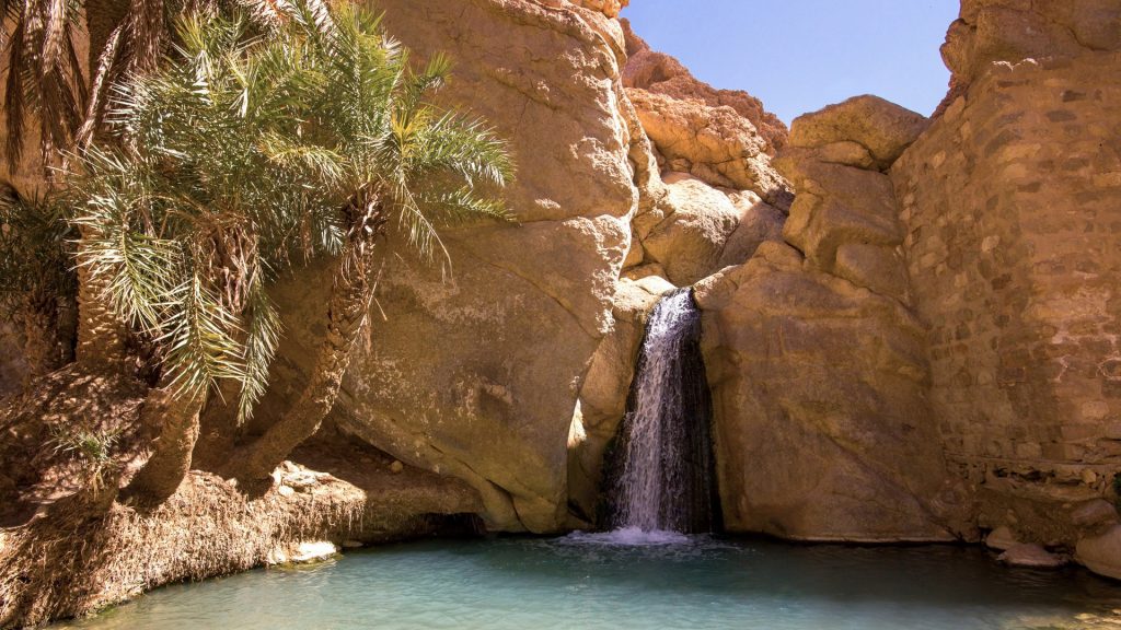 Waterfall in the mountain oasis Chebika, Tozeur, Tunisia