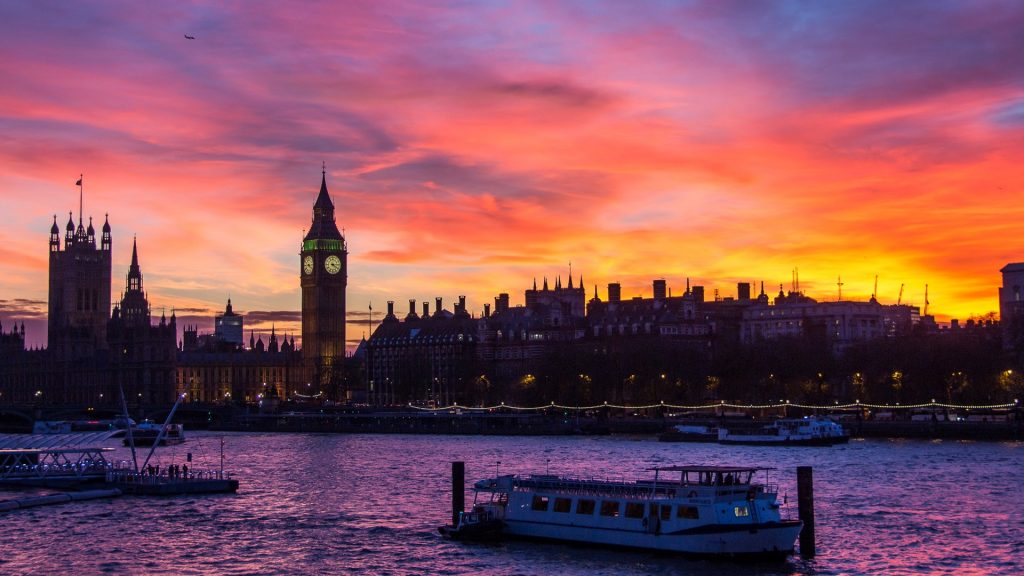 Westminster at sunset, London, Thames River, England, UK