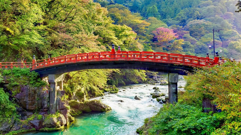 Sacred Shinkyo Bridge over the Daiwa River, Futarasan jinja Shinto shrine, Nikko, Japan