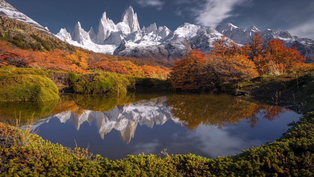 Reflecting Fitz Roy Mountain in a lake near El Chaltén in autumn, Patagonia, Argentina