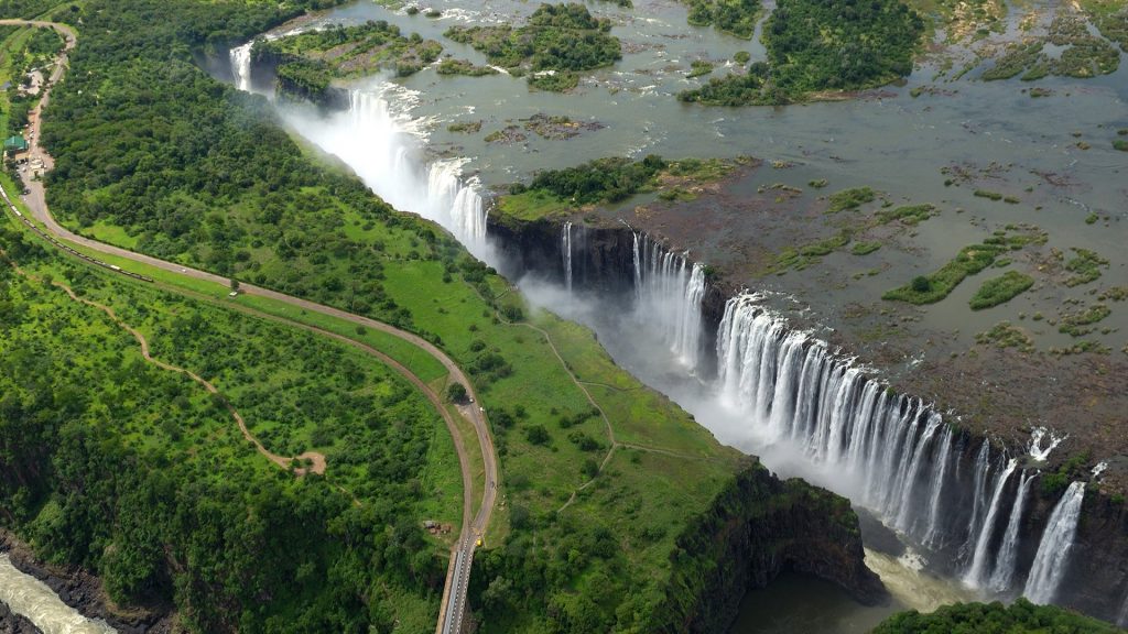 Aerial view of Victoria Falls waterfall on the Zambezi River between Zambia and Zimbabwe