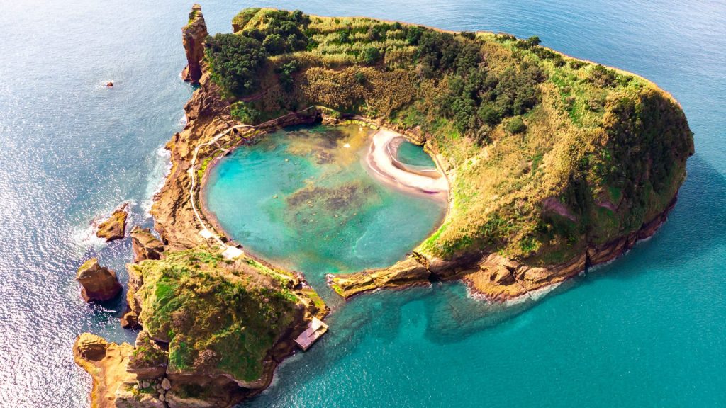 Islet of Vila Franca do Campo aerial view at Sao Miguel island, Azores, Portugal