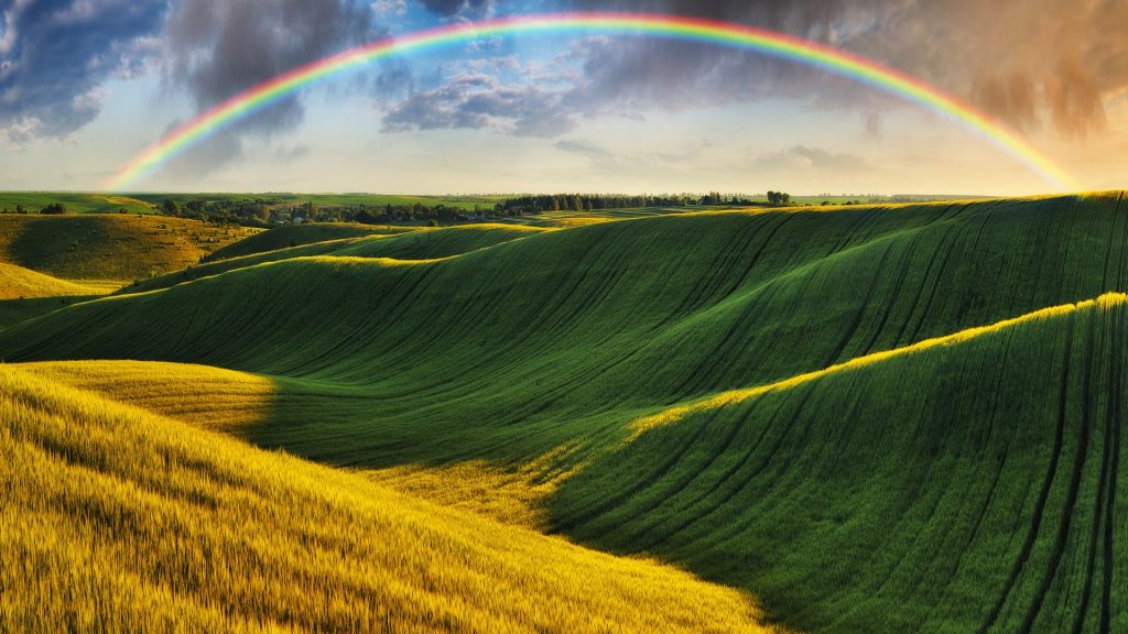 Scenic view of rainbow over green field, Ukraine