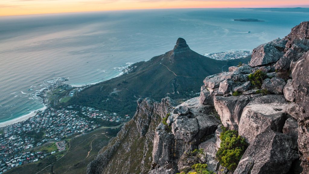 Aerial view of Lion's Head and Cape Town from Table Mountain, Western Cape, South Africa