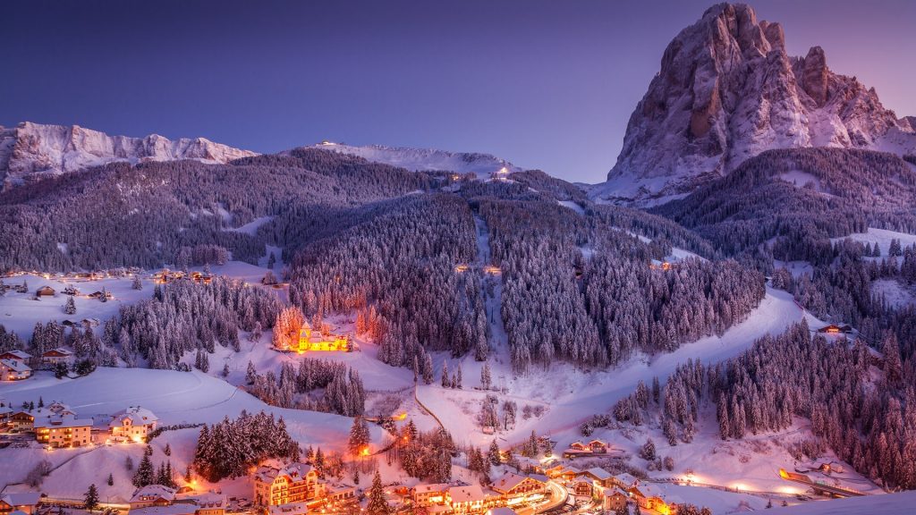 Santa Cristina Valgardena village at winter sunset, South Tyrol, Dolomites, Italy