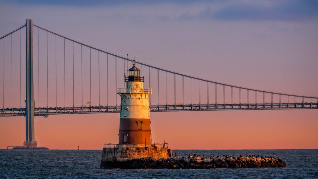 Robbins Reef Light and Verrazano Narrows Bridge, Bayonne, Hudson County, New Jersey, USA