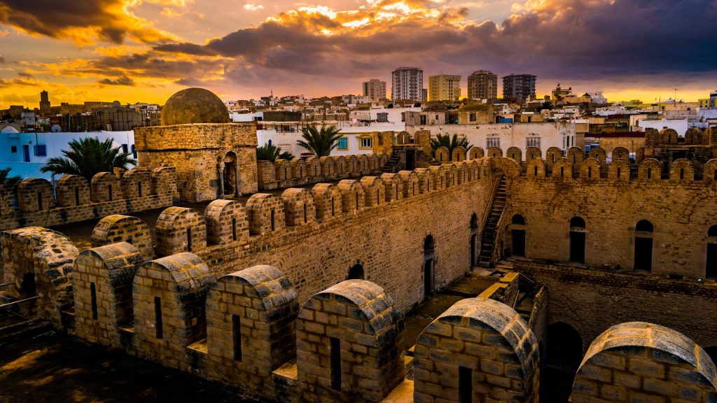 View from the walls of the fortress of Ribat of Sousse at sunset, Tunisia