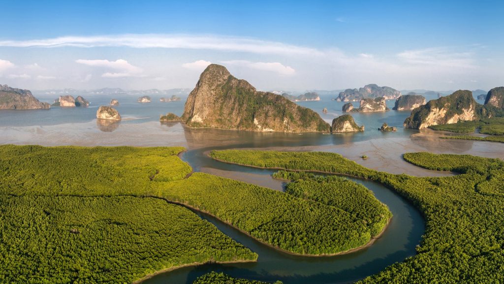 View of Phang Nga bay with mangrove tree forest and hills in the Andaman sea, Thailand