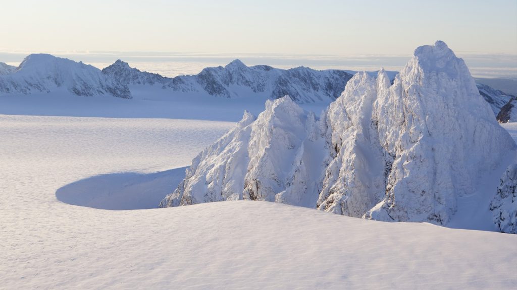 Rugged Kenai Mountain peaks covered in snow, Kachemak Bay State Park, Alaska, USA