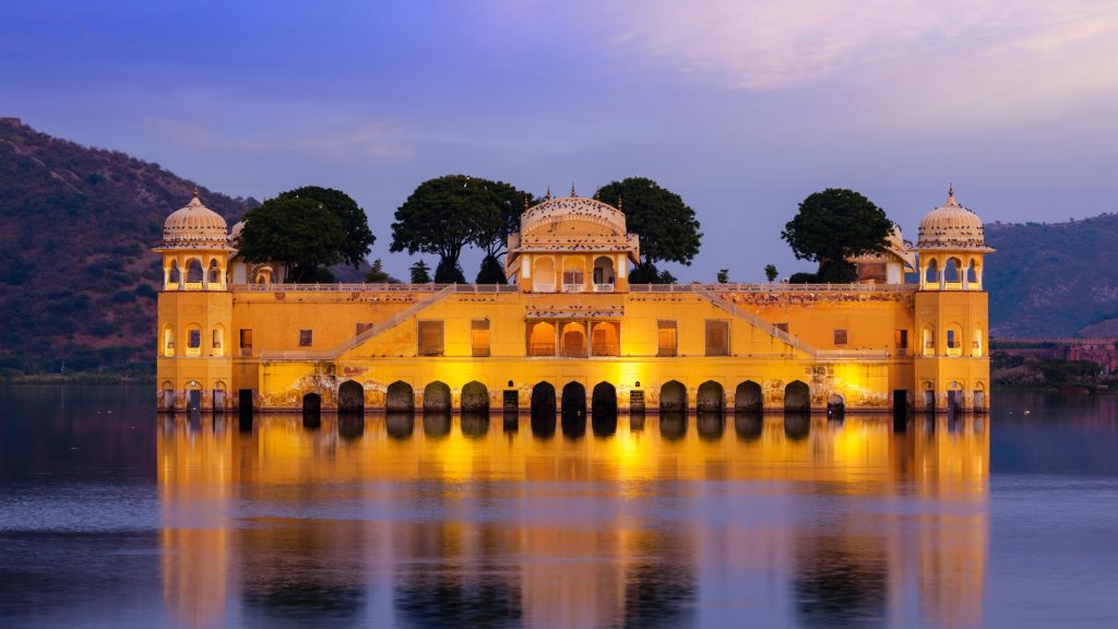 Jal Mahal (Water Palace) on Man Sagar Lake in the evening twilight, Jaipur, Rajasthan, India