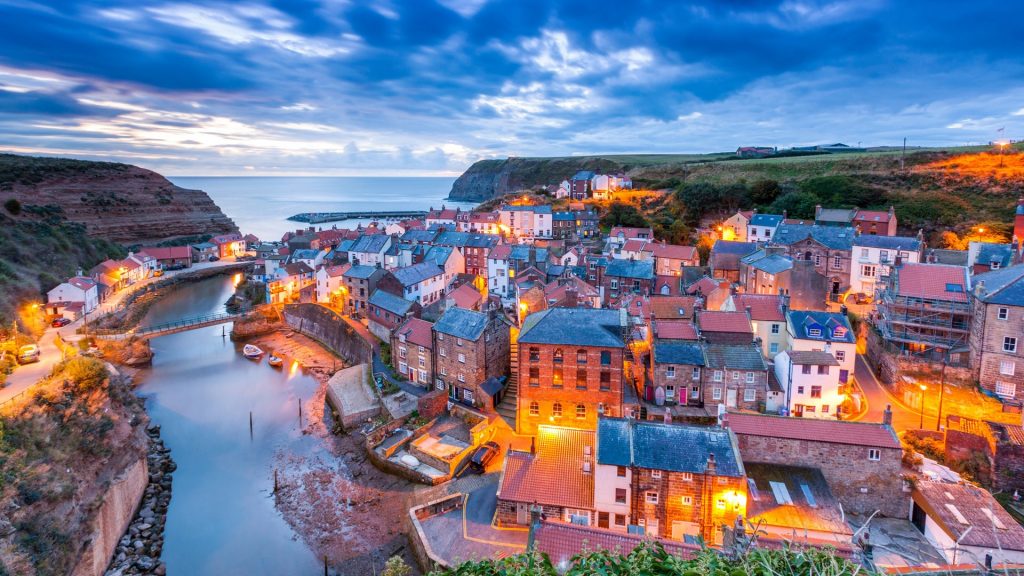 A view over the traditional fishing village of Staithes, North Yorkshire, England, UK