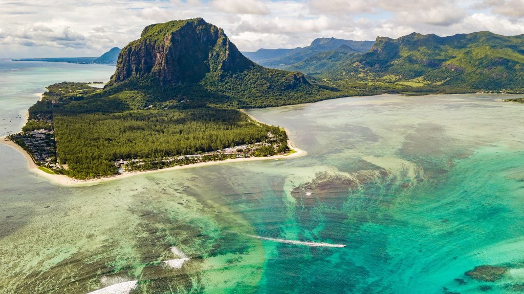Aerial view of Indian Ocean and Le Morne Brabant, Riviere Noire District, Mauritius