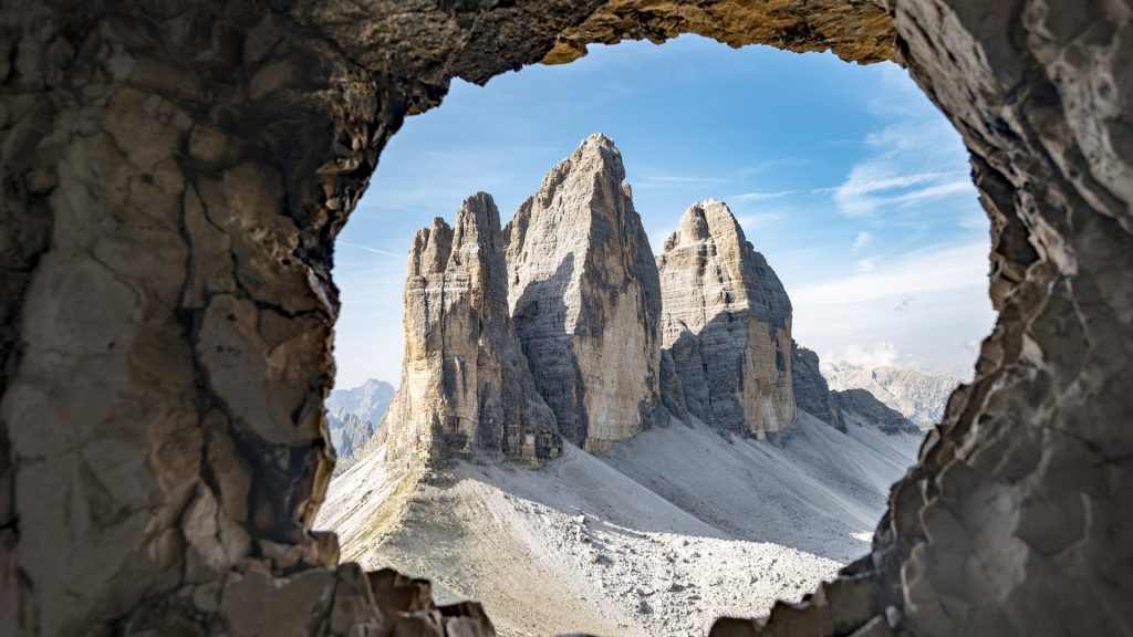 View from war tunnel to the Paternkofel, Sexten Dolomites mountains, South Tyrol, Italy