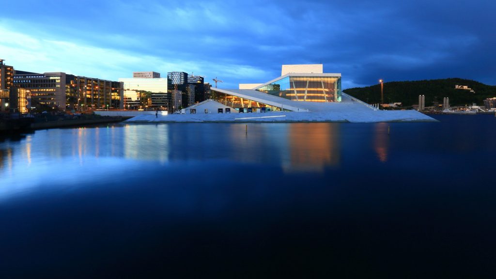 The Oslo Opera House at night, the national opera and ballet theater in Norway